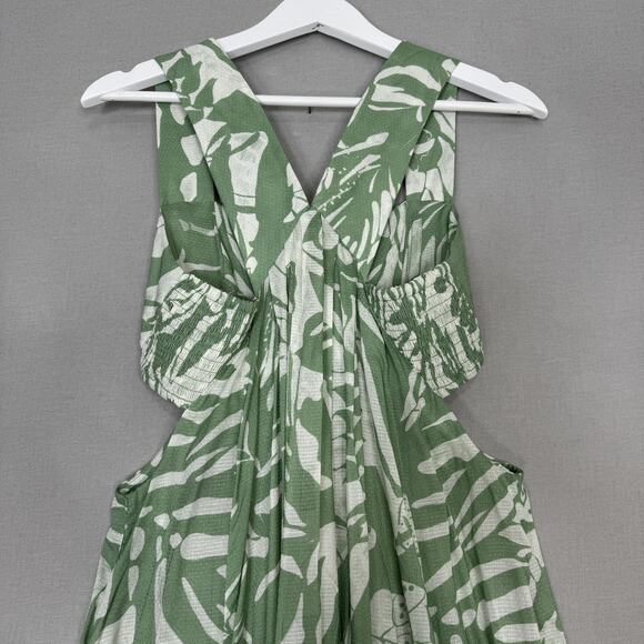 By Anthropologie Dress Womens XS Green Smocked Bandeau Leaf Tropical Cutout Maxi - Picture 6 of 14